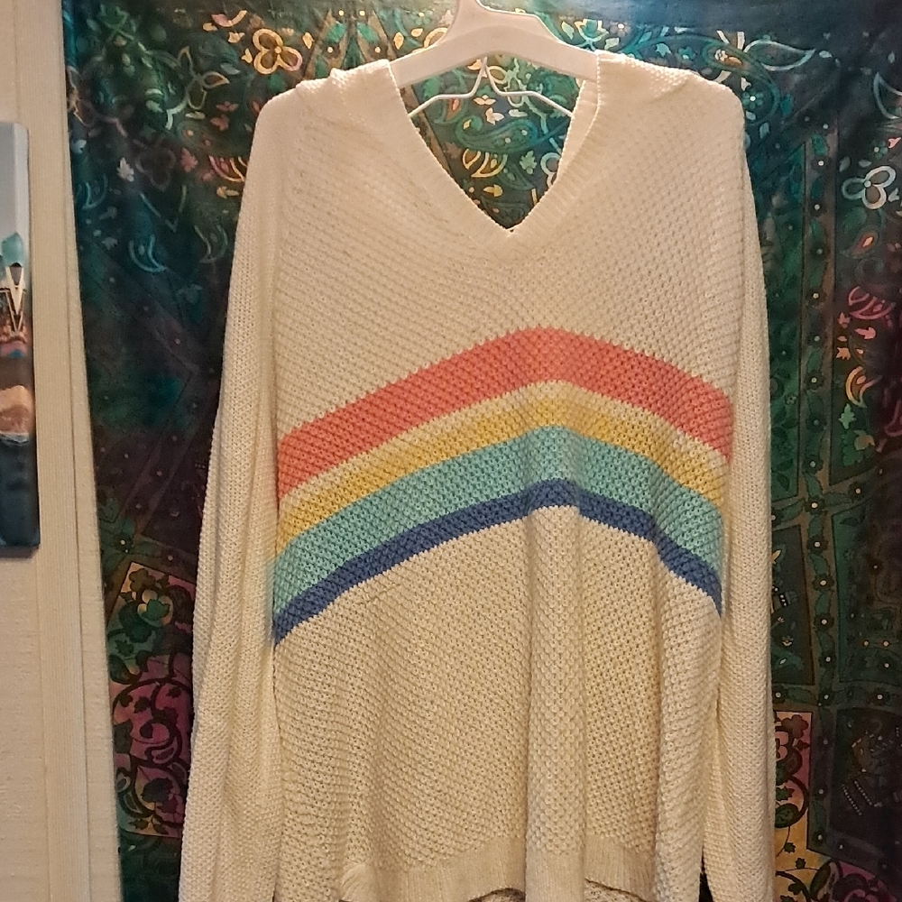 Heritage Cream V-Neck Sweater with Rainbow Stripes